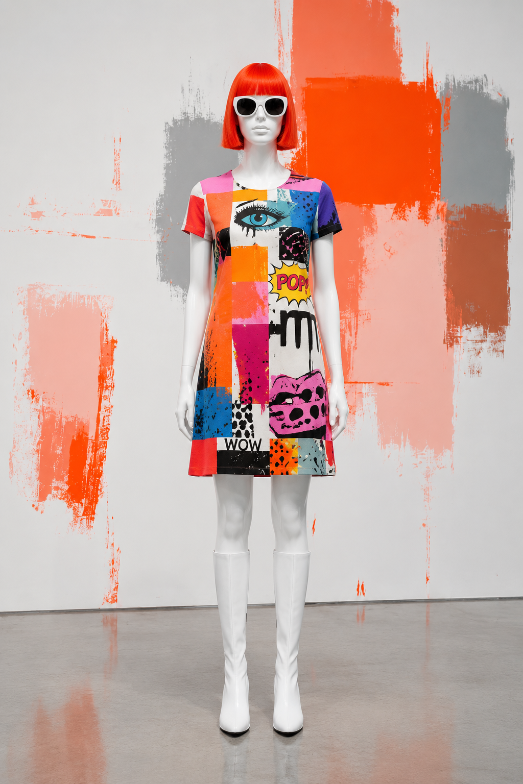 Imagined mannequin wearing digital artwork as fashion