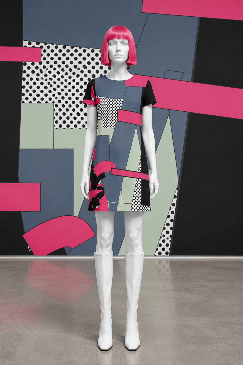 Imagined mannequin wearing digital artwork as fashion