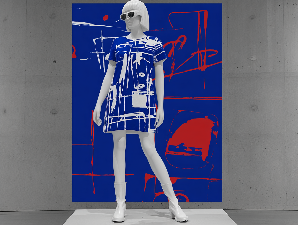 Imagined mannequin wearing digital artwork as fashion