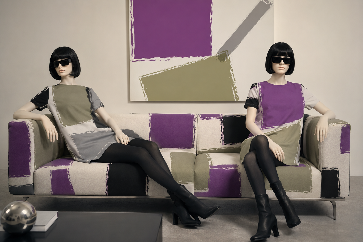 Mannequins seated in a room where artwork covers clothing, furniture and wall art