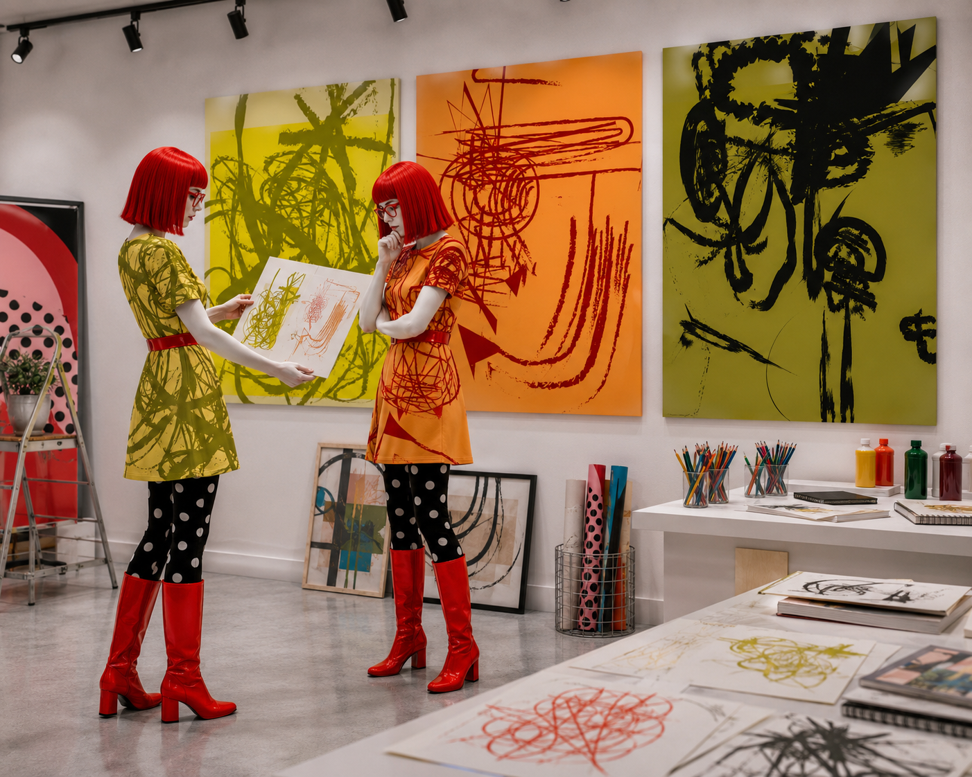 Red-haired mannequins in an art studio with large graphic paintings