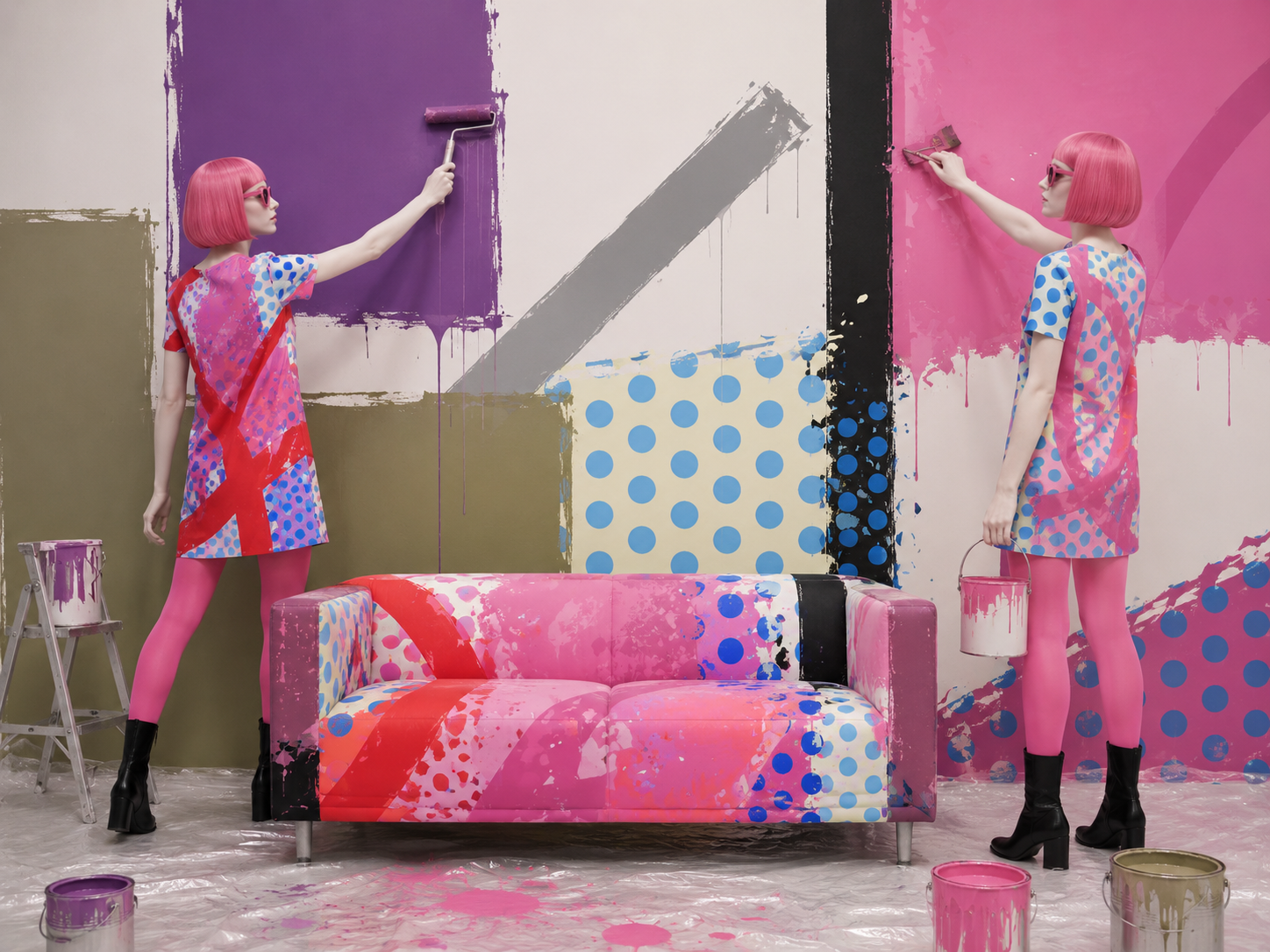 Mannequins inside a painted room with artwork spreading over walls and furniture