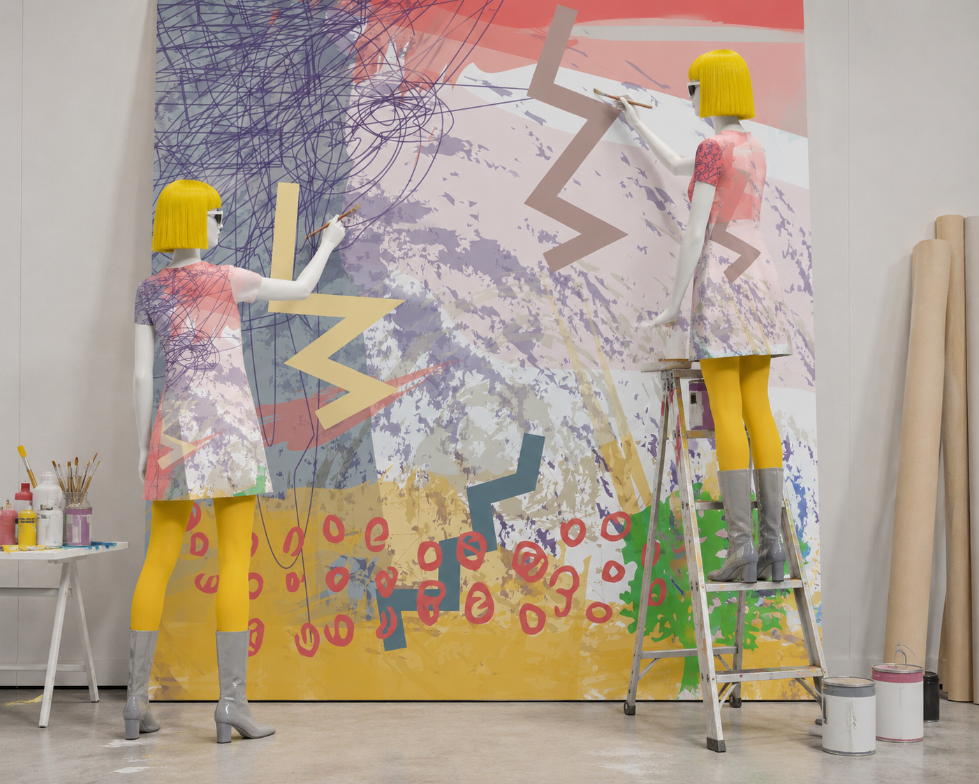Mannequins painting a pink and purple graphic wall