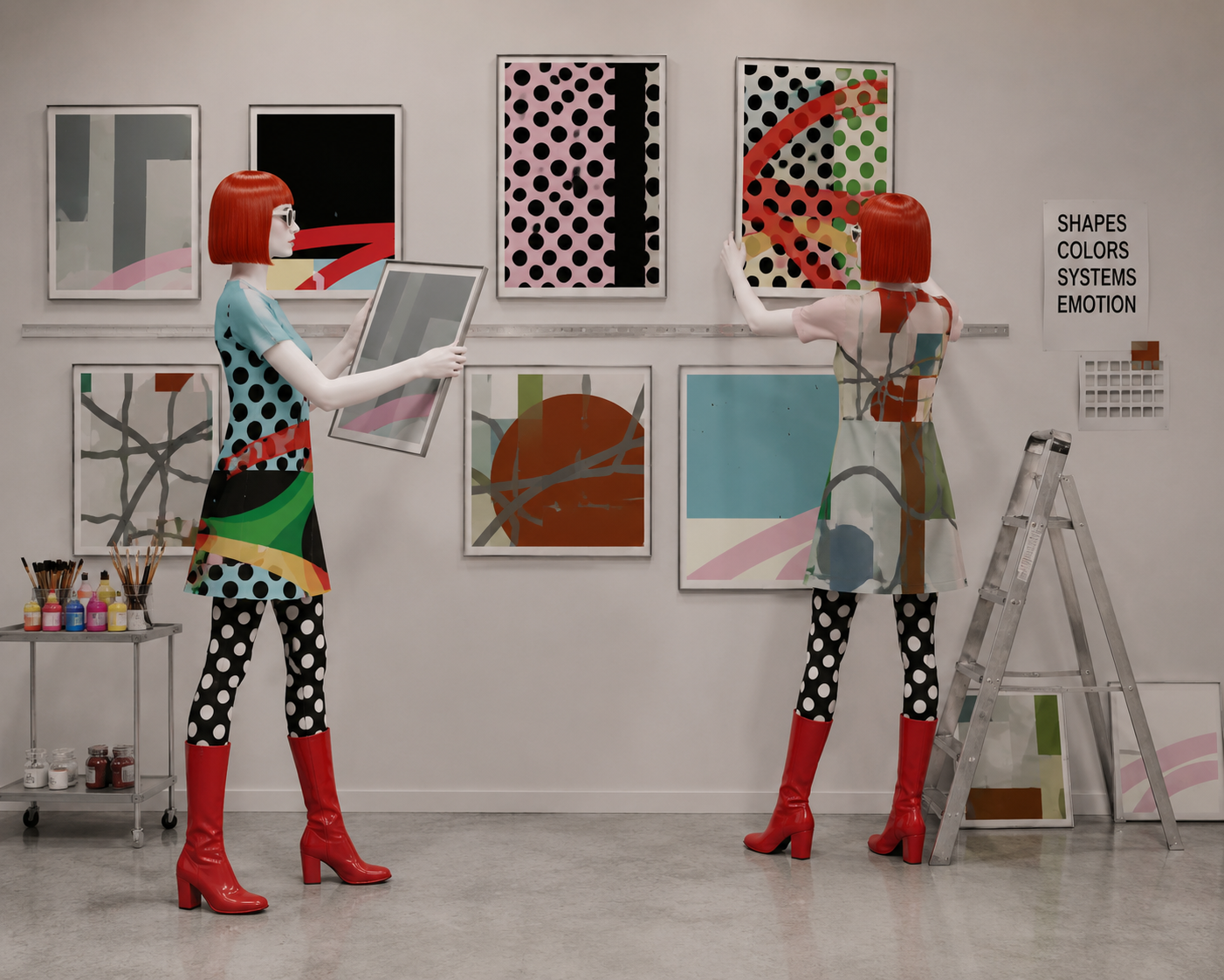 Mannequins painting a large pastel artwork wall