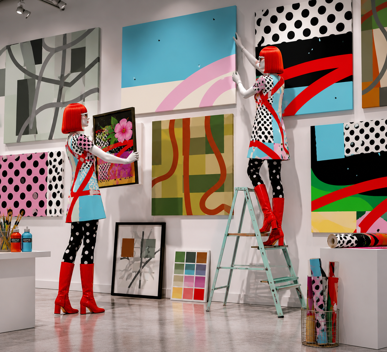 Mannequin curating framed artworks in a room